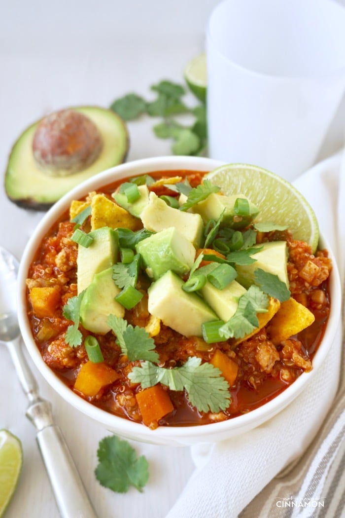 Turkey Sweet Potato Chili with Quinoa served in a white bowl