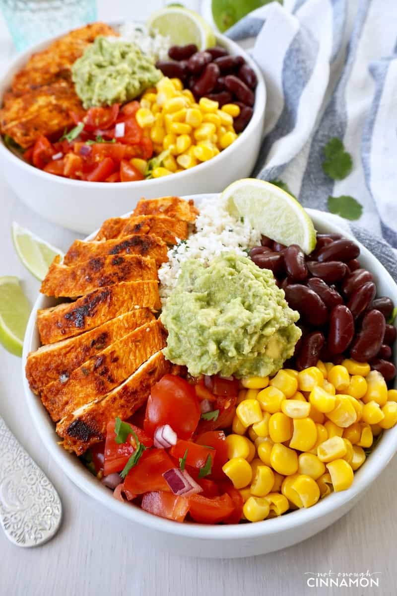 close-up of Chipotle's Chicken Burrito Bowl with Cilantro Lime Cauliflower Rice, guacamole, corn and black beans