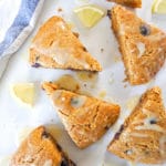 paleo gluten-free lemon blueberry scones on a white tabletop