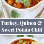 A hearty and healthy chili, made with quinoa, turkey and sweet potatoes. Naturally gluten free. Find this easy recipe on NotEnoughCinnamon.com #cleaneating #glutenfree #healthydinner