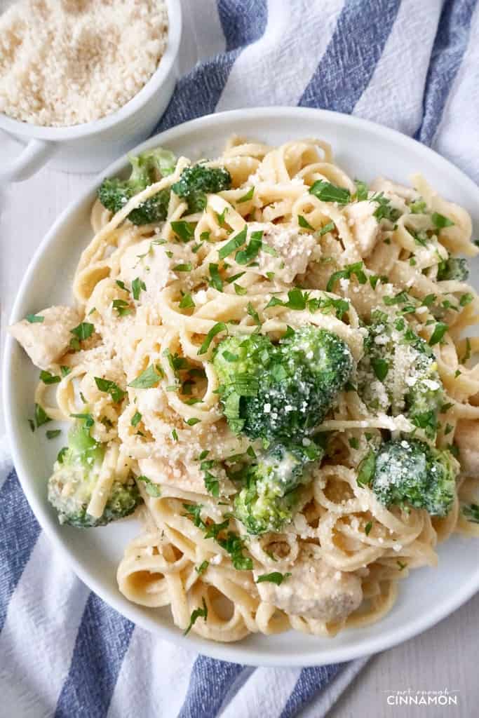 overhead shot of healthy Broccoli Chicken Fettuccine with Cauliflower Alfredo pasta sauce