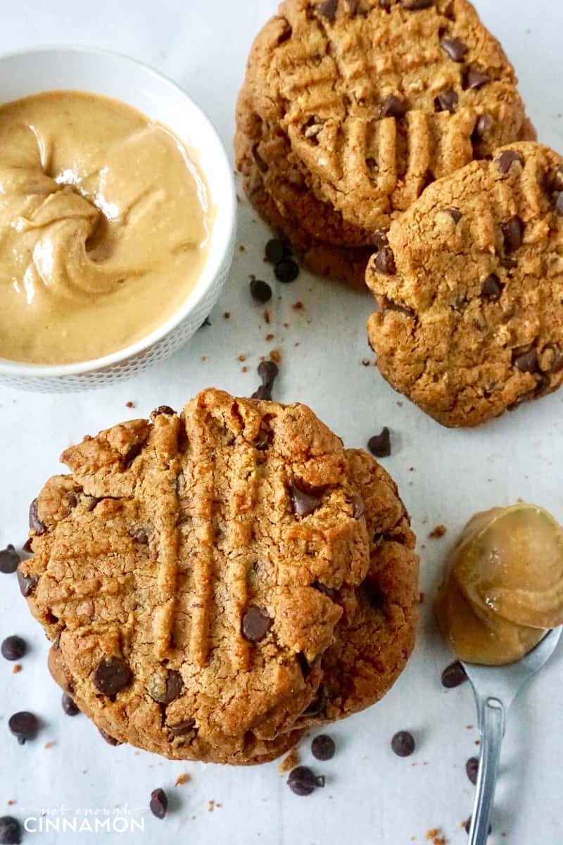 overhead shot of Healthier Peanut Butter and Chocolate Cookies on a baking sheet