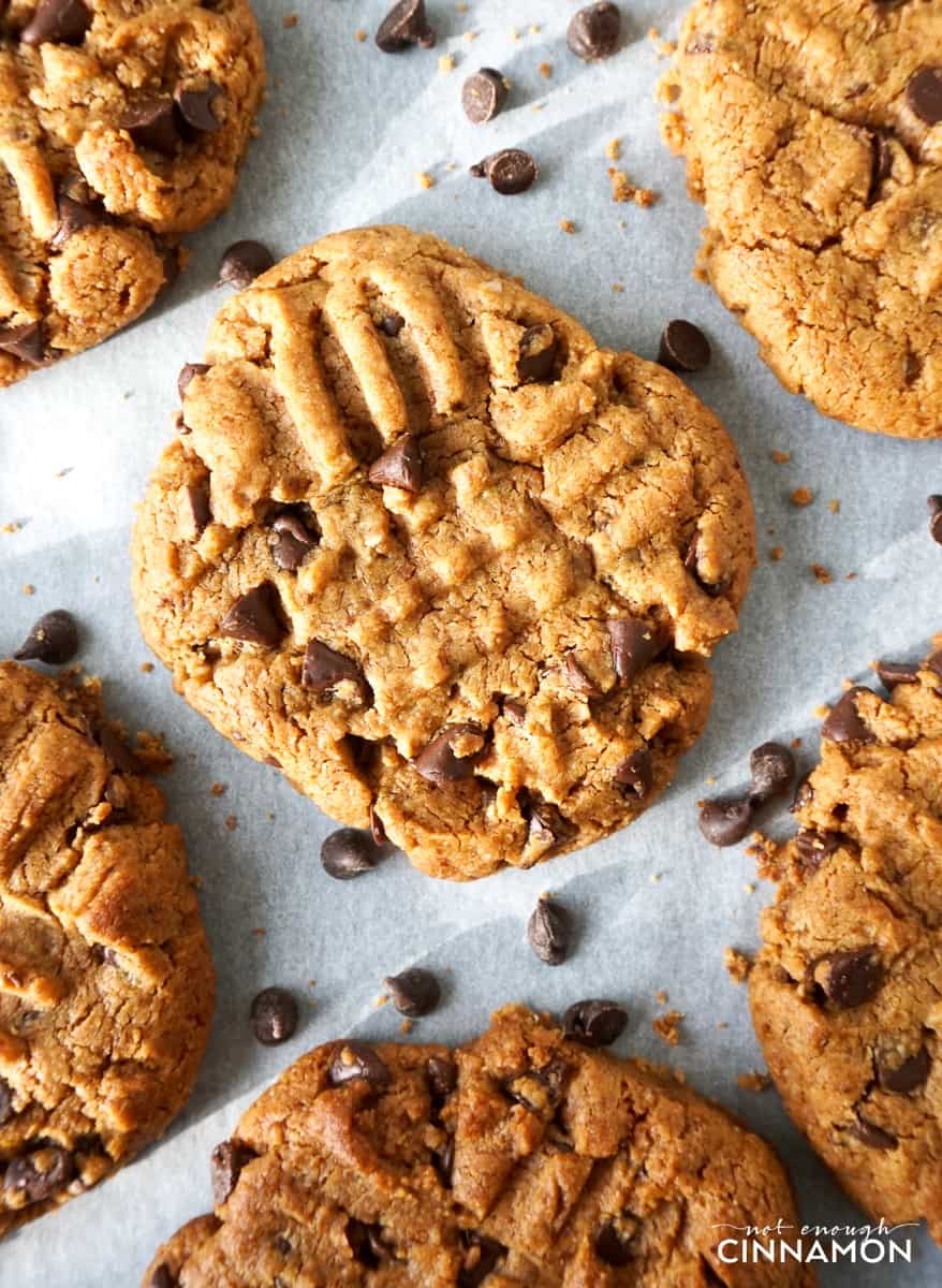 overhead shot of Healthier Peanut Butter Chocolate Cookies on a baking sheet