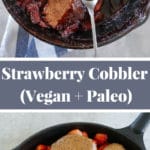 Collage showing strawberry cobbler in cast iron skillet, before baking and after baking.