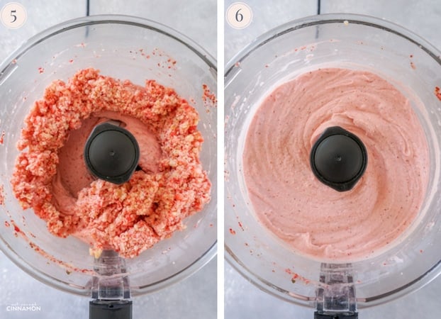 Two Step by step photos showing the different steps to make strawberry banana ice cream in the food processor. 
