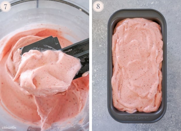 Two Step by step photos showing just made strawberry and banana ice cream in the food processor and in a metal tin.