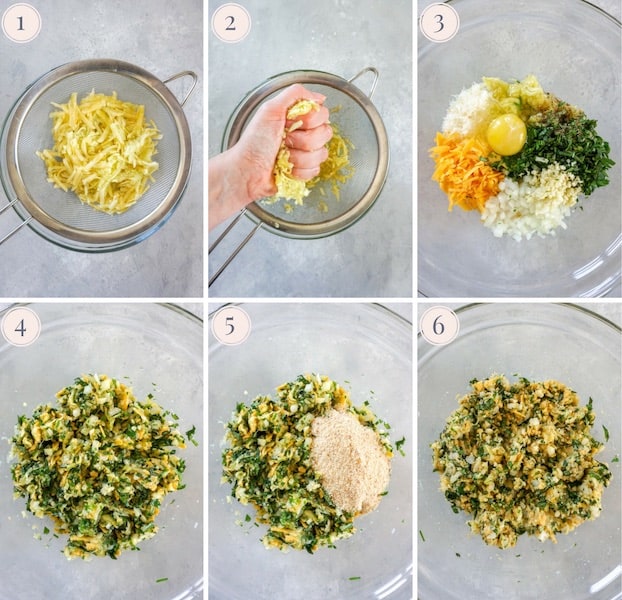 Collage of step by step photos to make zucchini tots