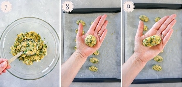 Collage of step by step photos to shape zucchini tots