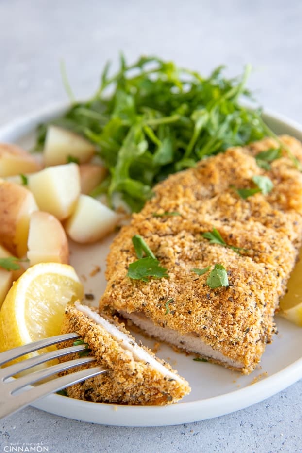 Healthy Chicken schnitzel in a fork