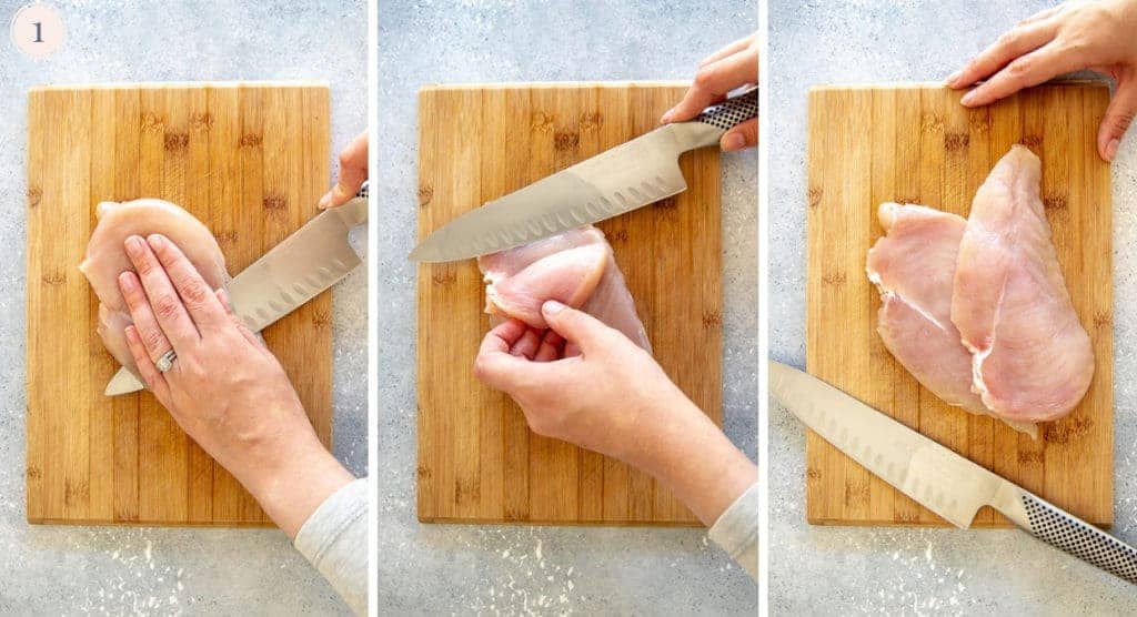 Chicken breast cut in half with a sharp knife on a cutting board