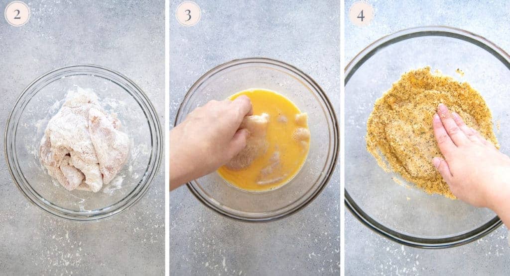 Three bowls of cornstarch, eggs and almond flour mixture to make schnitzel