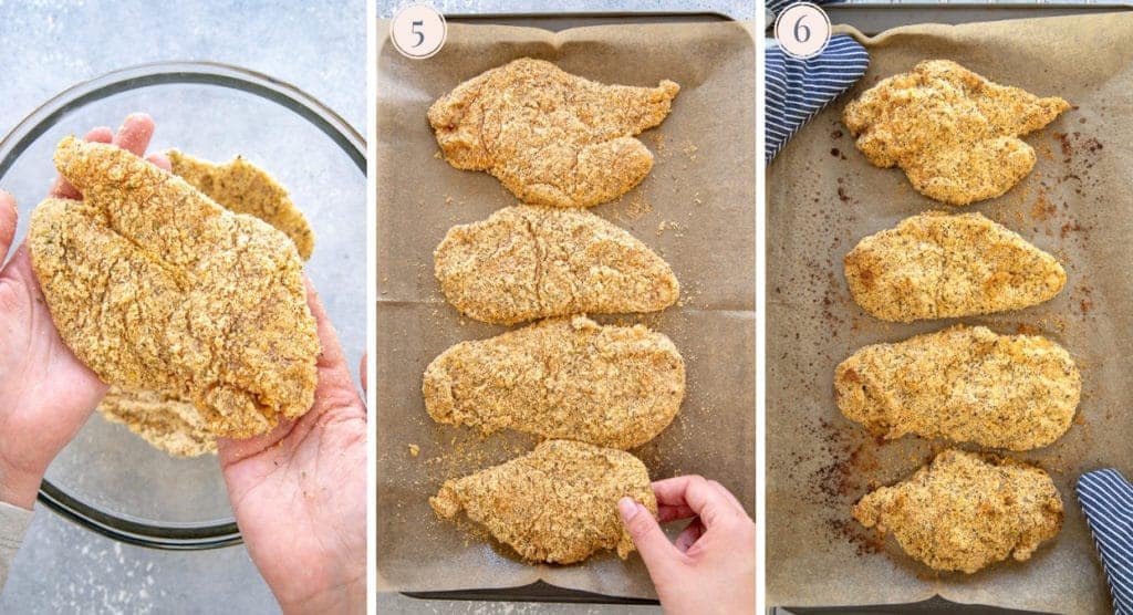 Chicken breast crusted with almond flour, placed on a baking tray and baked