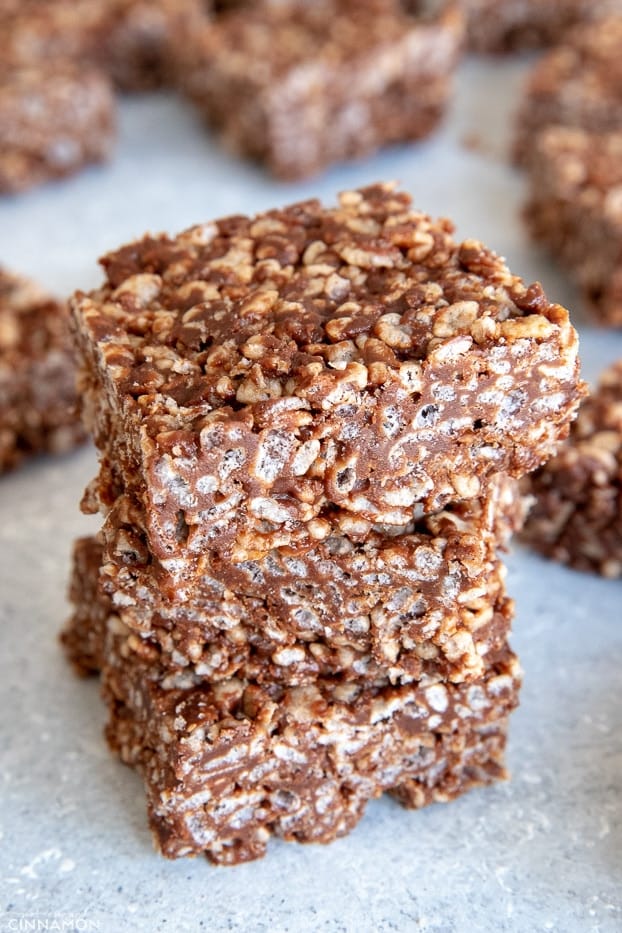 Stack of three chocolate rice krispies treats