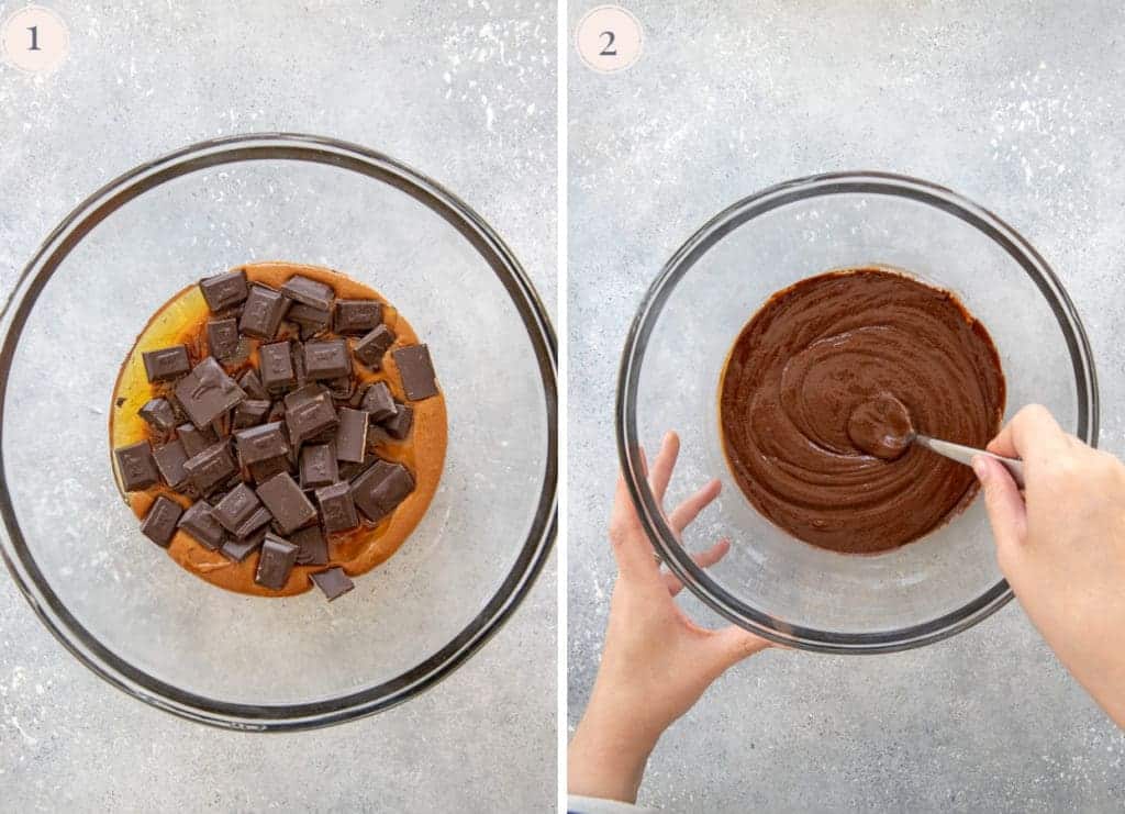 Honey, peanut butter and chocolate in a large glass bowl, then melted together