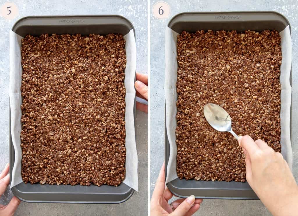 Chocolate rice krispies treat mixture in a baking dish and pressed with a spoon