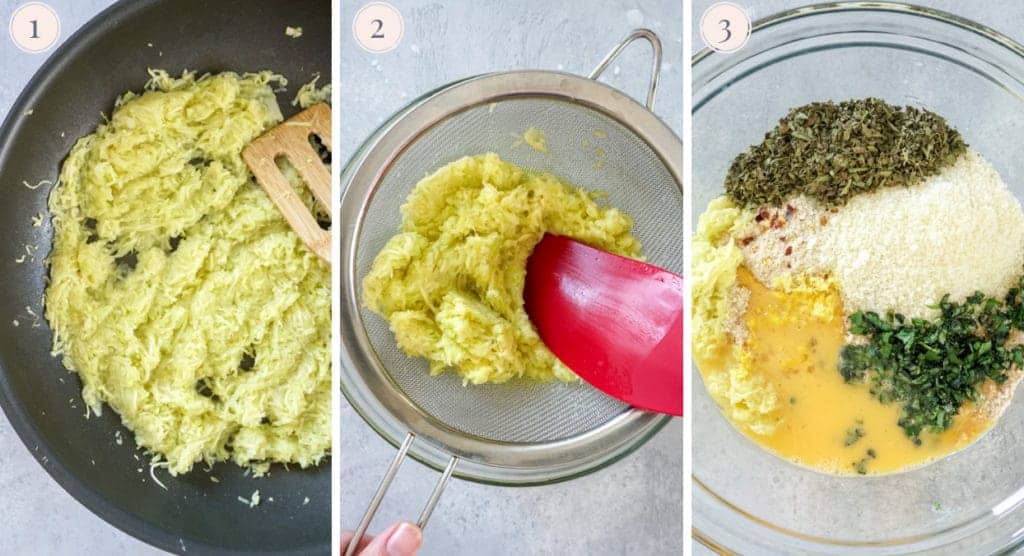 Three step by step photos to make zucchini meatballs