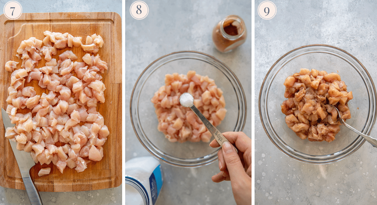 picture collage demonstrating how to chop and season chicken for Chinese 5-Spice Chicken recipe