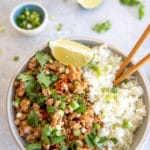 overhead shot of Asian Ground Turkey Rice Bowl with chopsticks stuck into the rice