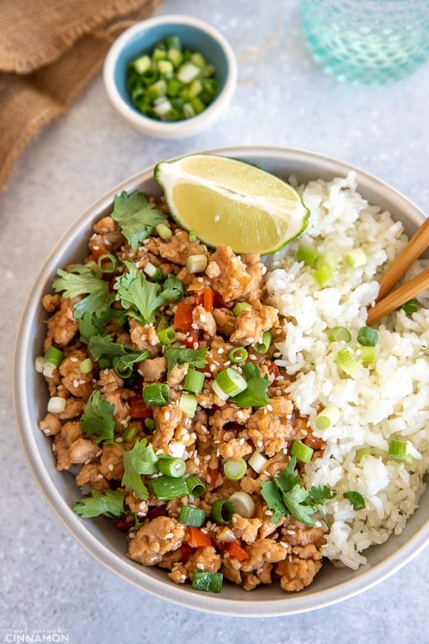 Overhead shot of a healthy clean eating Ground Turkey Rice Bowl sprinkled with chopped cilantro and scallions