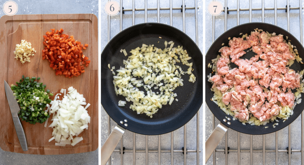 a photo collage demonstrating how to make Asian Ground Turkey for a rice bowl recipe