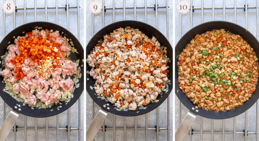 a photo collage demonstrating how to make Asian Ground Turkey for a rice bowl recipe