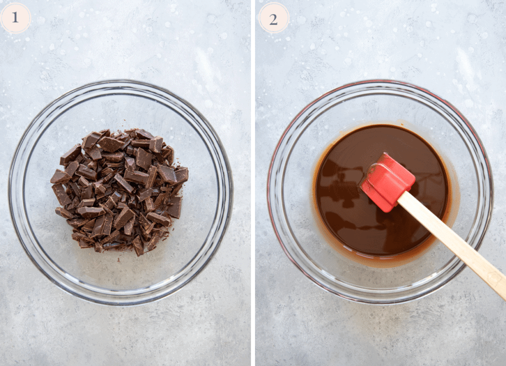 picture collage showing coarsely chopped chocolate being melted in the microwave to make a molten chocolate lava cake recipe