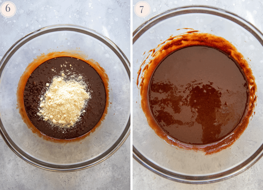 photo collage showing how to properly fold almond flour into chocolate batter to make paleo lava cakes