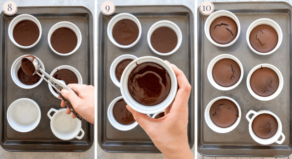 picture collage showing how to portion out and bake individual healthy paleo chocolate lava cakes in the oven