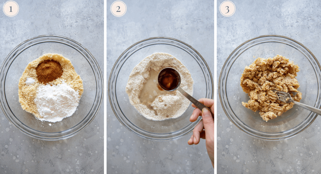 a photo collage demonstrating how to make a gluten-free almond flour crust for raspberry bars