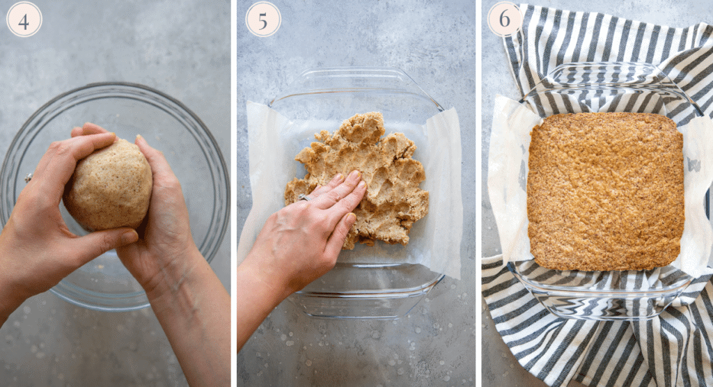 a collage showing gluten-free almond flour shortbread crust being baked pressed into a pyrex dish and baked until golden