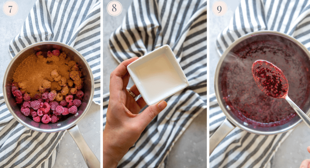 a photo collage demonstration how to make refined sugar-free raspberry jam using arrow root as a thickener