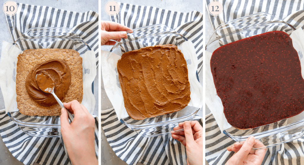 photo collage demonstrating how almond butter and raspberry jam are layered on top of paleo almond flour crust to make bars