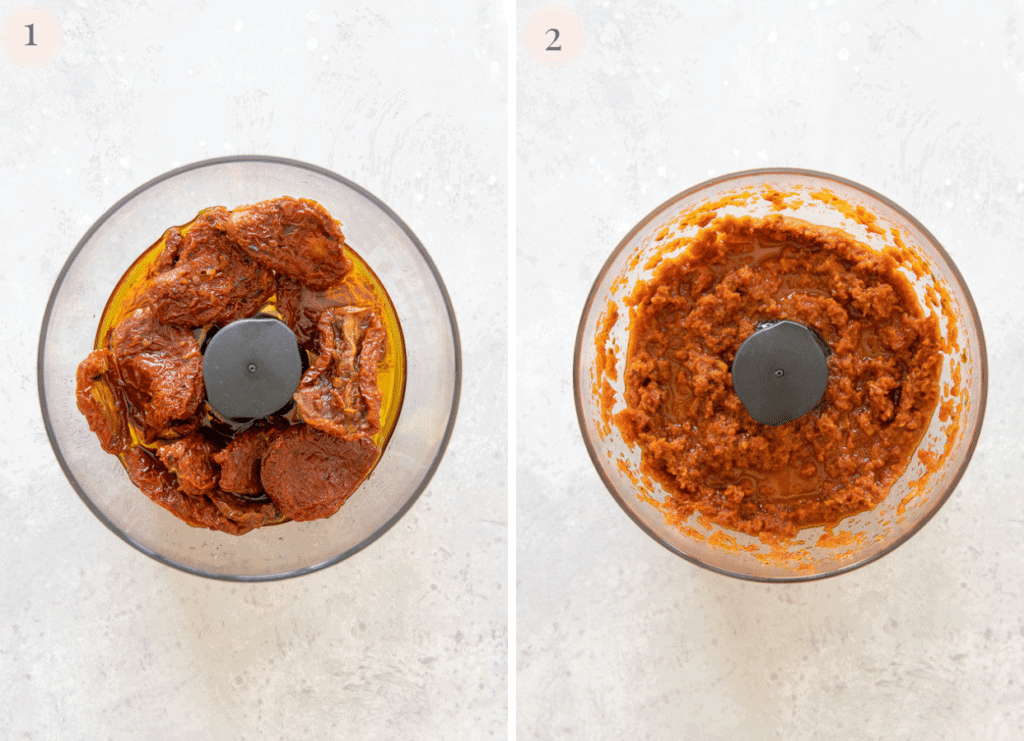 a photo collage showing how sun-dried tomatoes are being processed into a smooth sauce in a small food processor