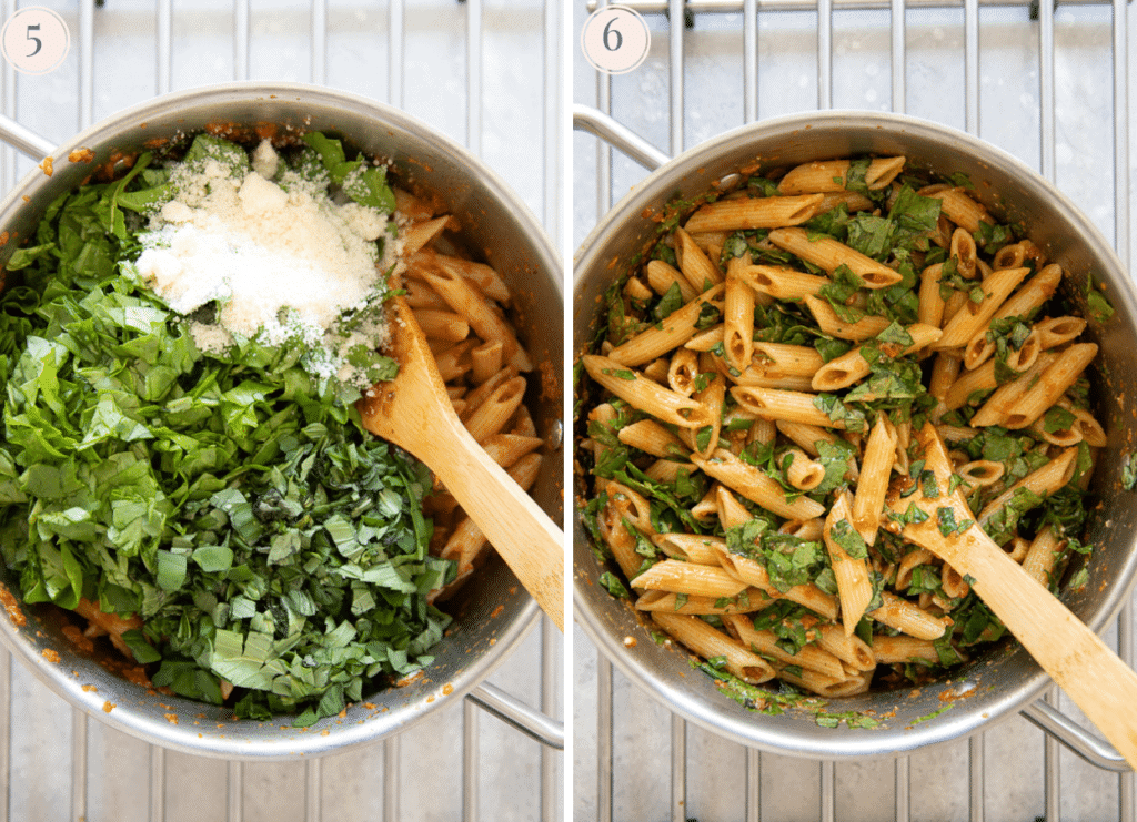 photo collage depicting baby spinach and grated parmesan being added to a pot of freshly cooked penne pasta 