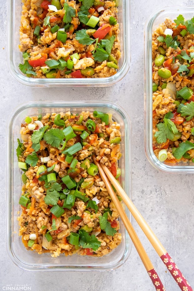 overhead shot of three glass containers with Asian Turkey Fried Rice