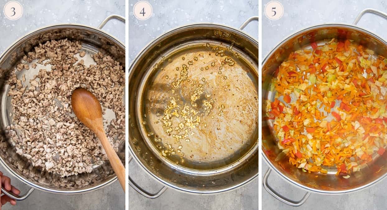 picture collage showing how to fry ground turkey for making healthy fried rice recipe