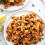 overhead shot of a serving of one pot taco pasta with ground turkey