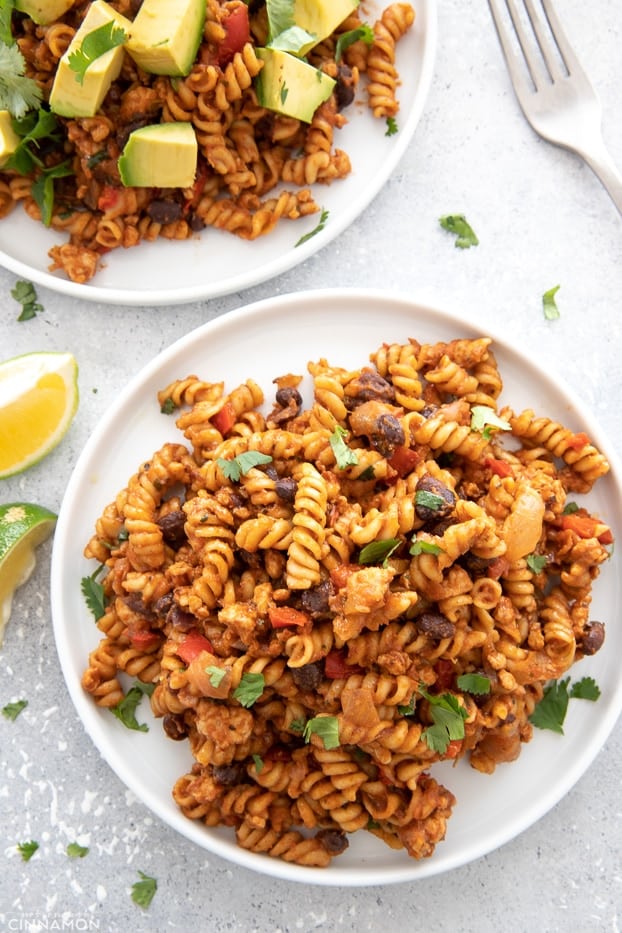 overhead shot of a serving of one pot taco pasta with ground turkey