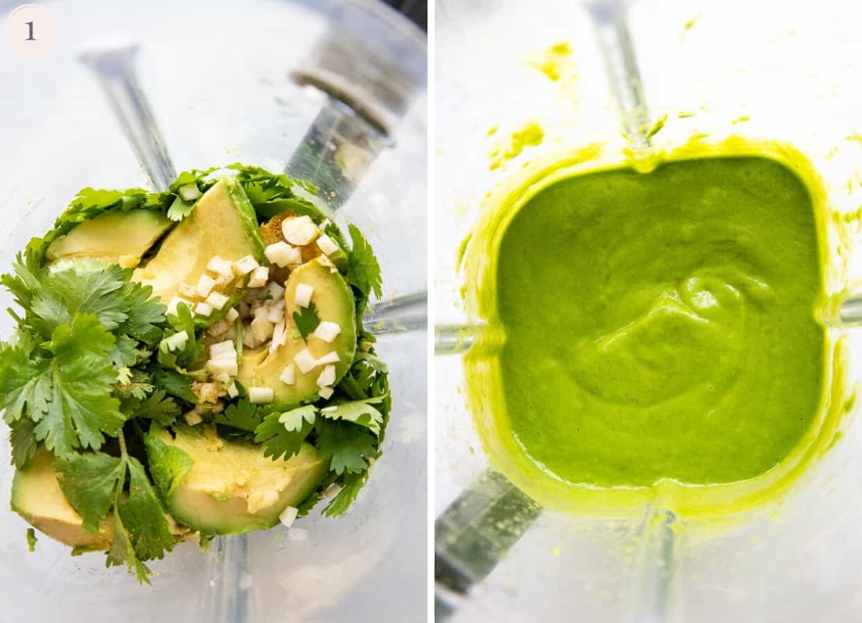  collage d'images montrant comment préparer une sauce crémeuse à l'avocat à la coriandre et au citron vert à servir avec des fajitas 