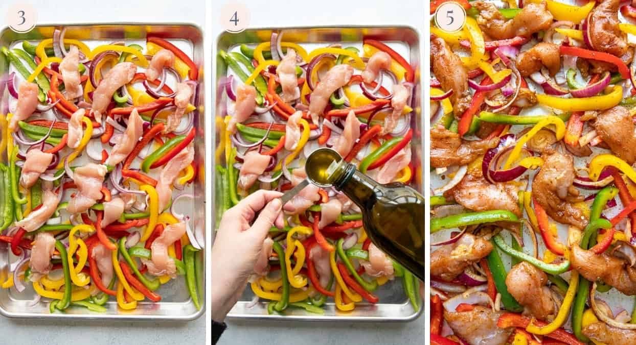 picture collage showing how to prepare and bake chicken fajitas on a sheet pan
