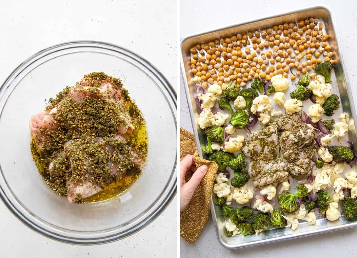 a picture collage showing how to marinate chicken with za'atar and olive oil and how to arrange ingredients for chicken sheet pan dinner on a baking pan