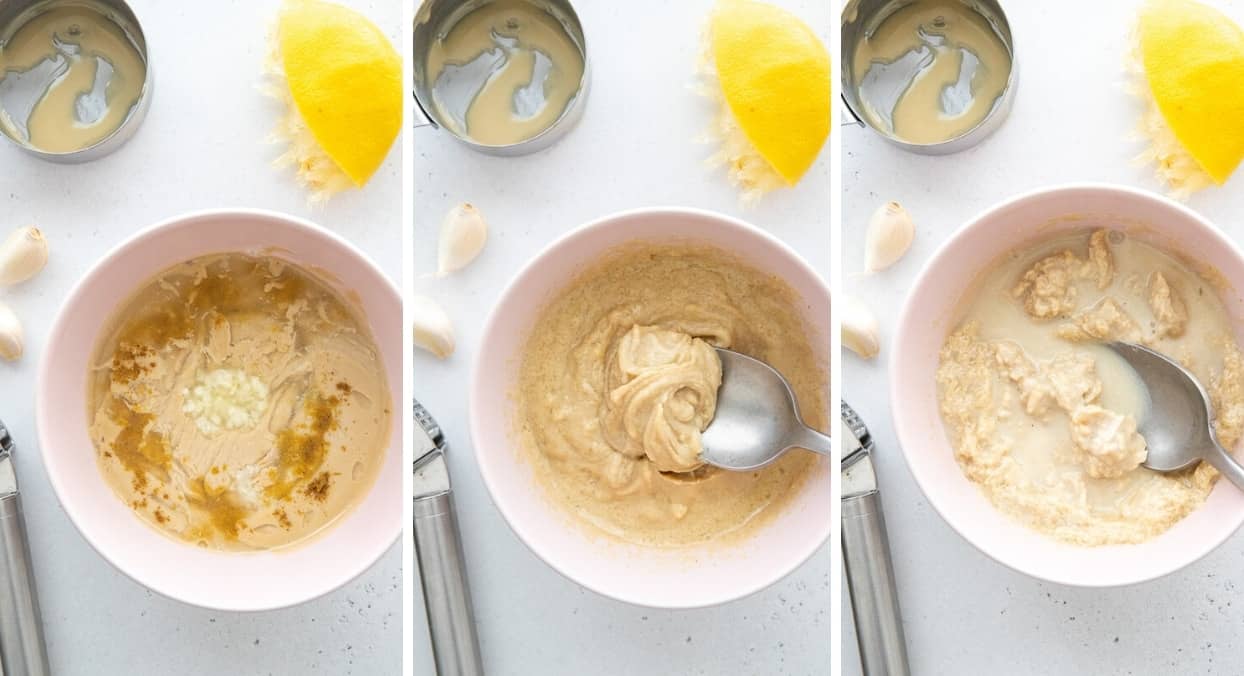 a picture collage demonstrating how to make homemade tahini sauce