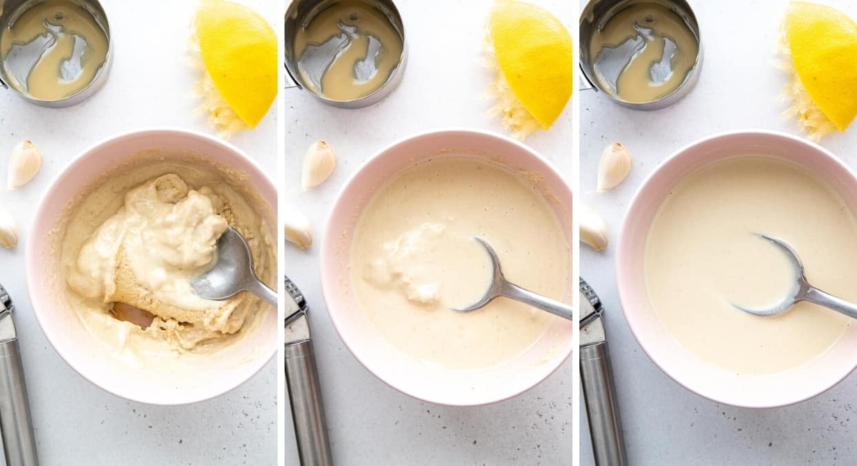 picture collage showing how to add water to tahini sauce to reach the perfect consistency