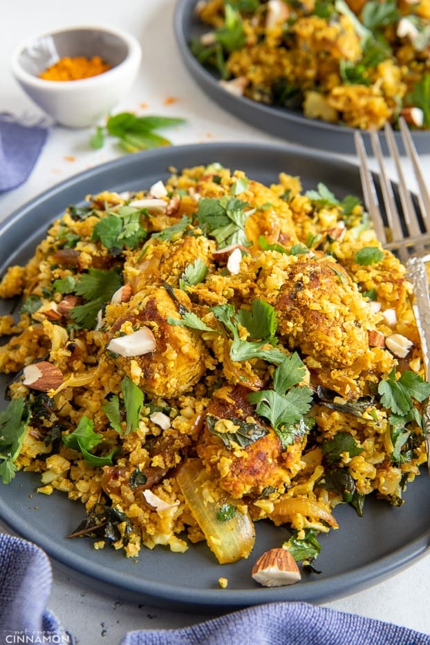 side view close-up of a plate of Indian cauliflower rice stir fry chicken biryani style 