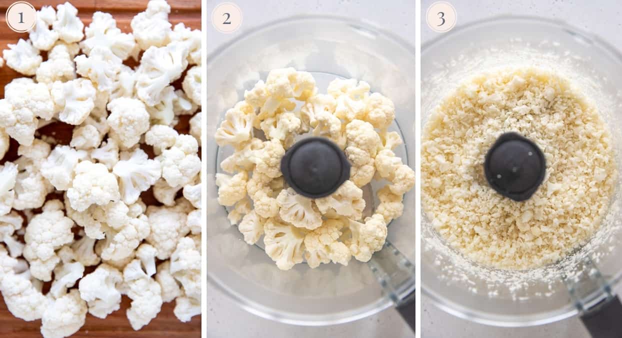 picture collage demonstrating how to make rice from cauliflower in a food processor 