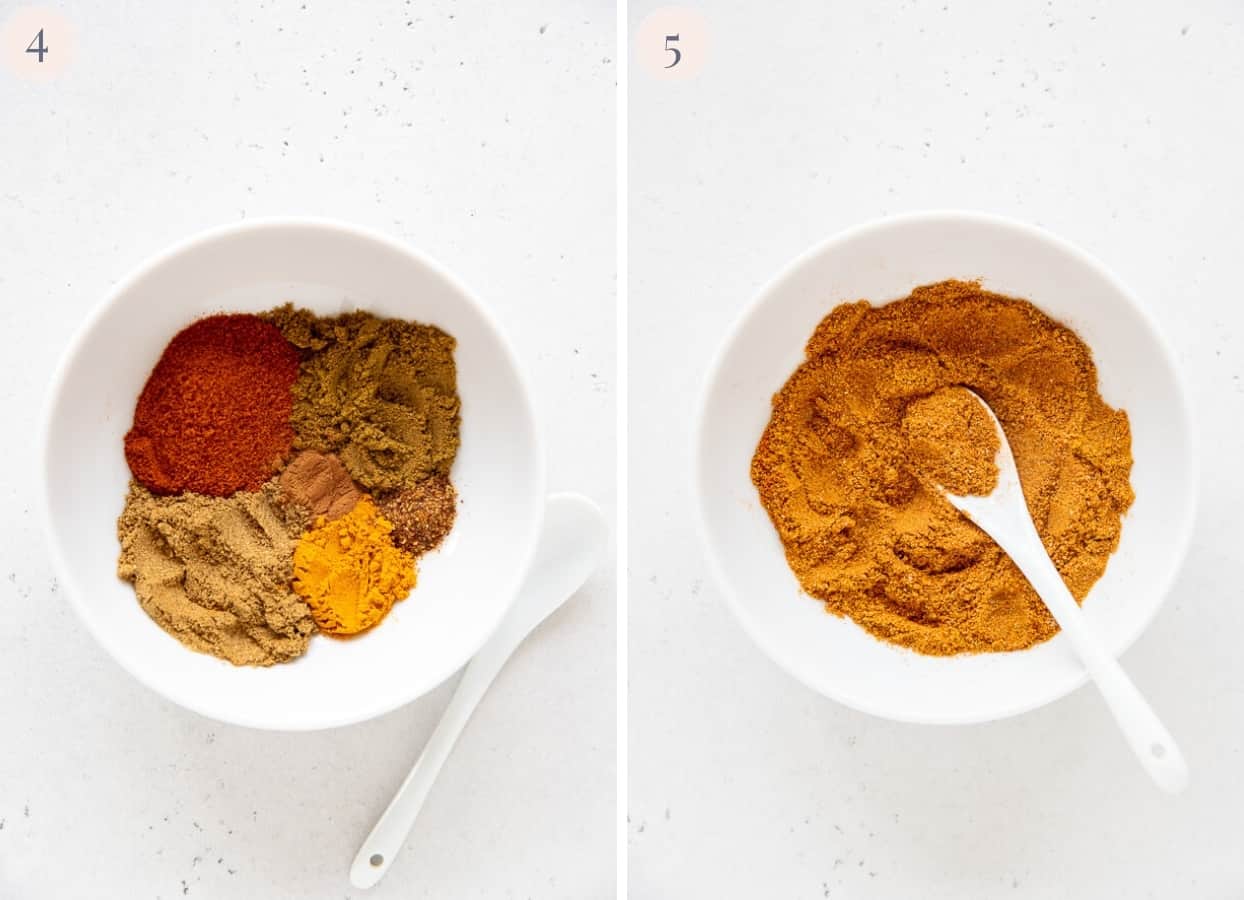 picture collage demonstrating how to mix ground spices to make biryani spice blend at home 