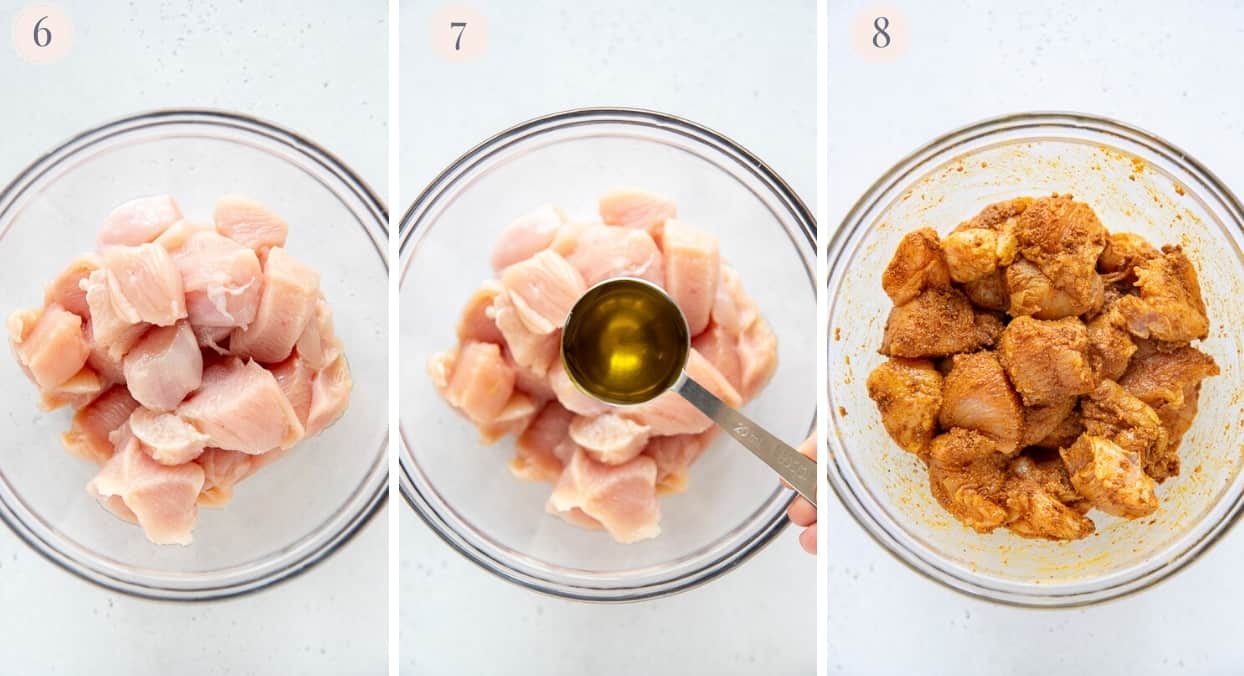 picture collage demonstrating how to marinate chicken breast with biryani spices to make healthy chicken biryani recipe