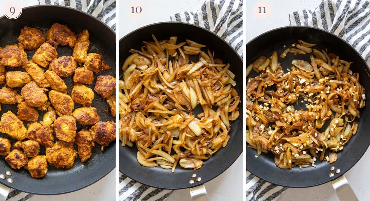 picture collage demonstrating how to fry chicken, onion and garlic in a skillet for making paleo chicken biryani recipe