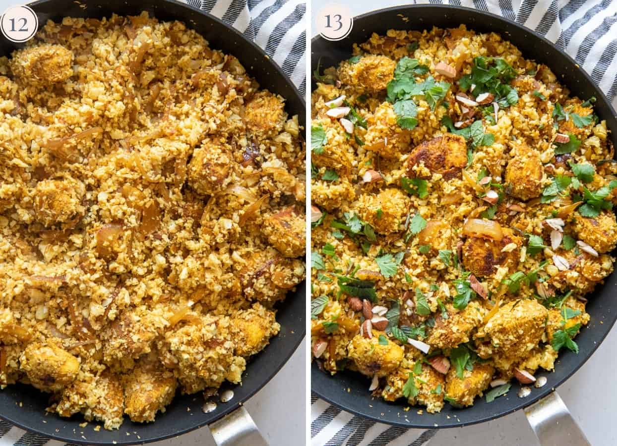 picture collage demonstrating how to make cauliflower rice chicken biryani in a skillet 