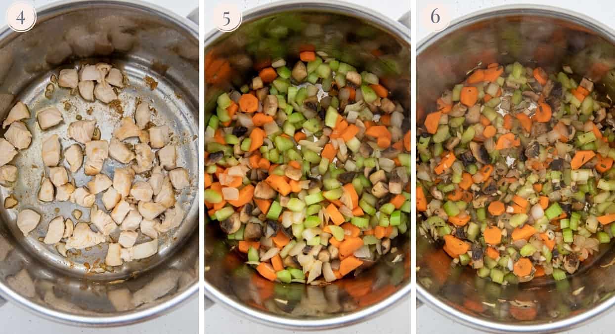 picture collage demonstrating how to sautee chicken and veggies in a bowl to make paleo whole30 chicken pot pie soup
